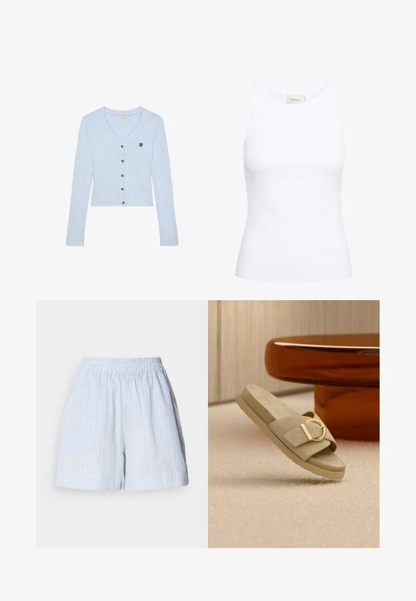 Cardigan bleu clair côtelé à manches longues avec col en V, boutons marron sur le devant et petit écusson noir avec logo sur la poitrine gauche.; Débardeur blanc côtelé avec un col rond et sans manches. Tissu extensible et design ajusté. Étiquette au dos indiquant "GESTUZ."; Shorts bleu clair avec des rayures verticales blanches et bleu foncé. Dotés d'une taille élastique et d'une coupe décontractée. Fabriqués en un matériau doux.; Sandale à glissière en daim beige avec une boucle circulaire dorée et une semelle texturée, posée sur une surface beige douce et une table orange.