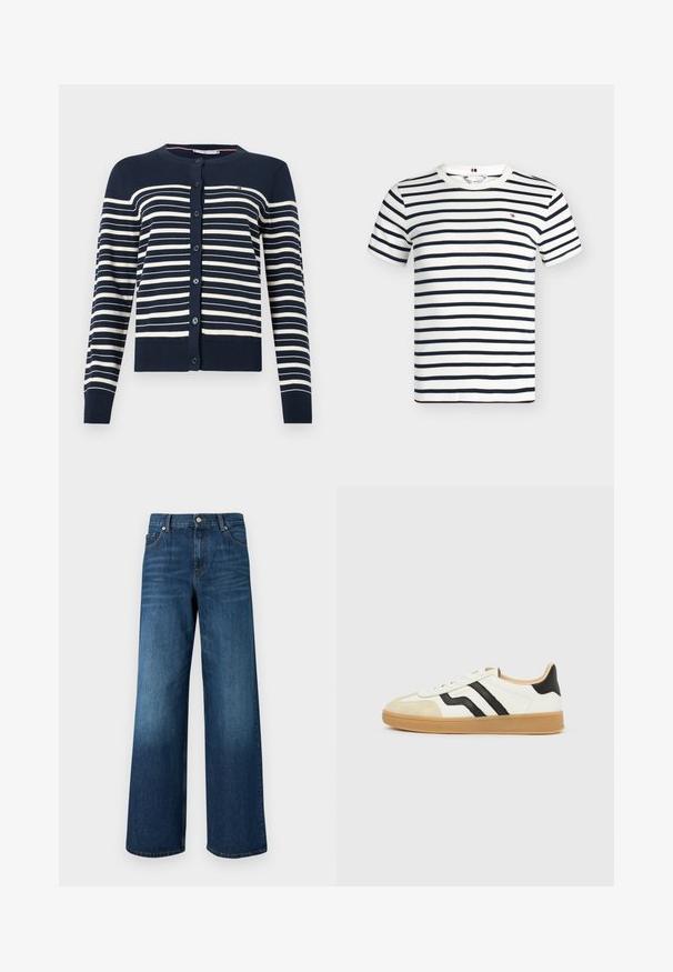 Cardigan bleu marine avec des rayures crème horizontales, présentant un col rond, des boutons sur le devant, et des poignets et un ourlet côtelés. Matière tricotée douce.; T-shirt blanc à manches courtes et col rond avec des rayures horizontales bleu marine et un petit logo rouge, blanc et bleu marine sur la poitrine.; Jean bleu à jambes larges avec poches avant, passants de ceinture et bouton de fermeture sur fond uni.; Baskets blanches avec embout beige, bandes latérales noires, semelle brun clair et design bas.