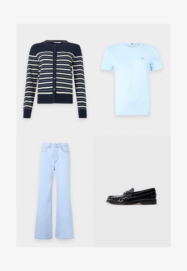 Mørkeblå cardigan med vandrette cremefarvede striber, med rund halsudskæring, knapper foran og ribbede manchetter og kant. Blødt strikket materiale.; Lyseblå kortærmet T-shirt i bomuld med rund hals og lille broderet logo på venstre bryst.; Lyseblå flagrende jeans med høj talje, der har fem lommer, knaplukning og en glat denimstruktur. Kanten er pænt syet.; Sorte læder loafers med rund tå, dekorativ sying og en lille gul accent på vampen. Flad gummisål, slankt design.