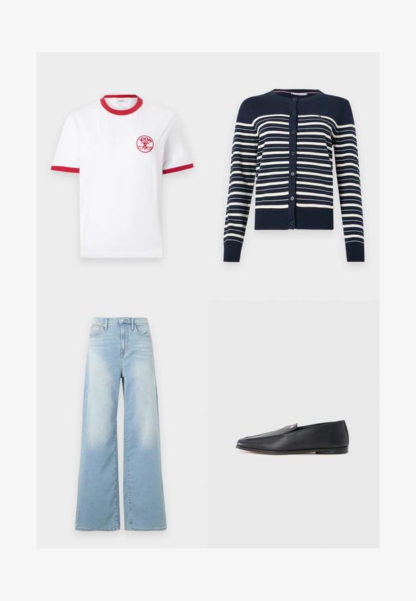 Cardigan bleu marine avec des rayures crème horizontales, présentant un col rond, des boutons sur le devant, et des poignets et un ourlet côtelés. Matière tricotée douce.; T-shirt blanc à manches courtes avec col et bordures de manches rouges, avec un petit logo circulaire rouge "JOOP! Jeans" sur la poitrine gauche.; Jean large bleu clair à taille haute, avec boutons à l'avant et poches, présenté sur un fond blanc.; Mocassins en cuir noir à texture lisse, bout arrondi et détails de couture subtils. Ils présentent un accent logo doré sur le côté supérieur.