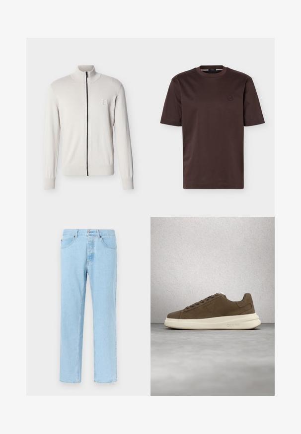 Witte sweater met volledige ritssluiting, geribbelde manchetten en zoom, een opstaande kraag en een klein vierkant logo op de linkerborst.; Donkerbruin katoenen t-shirt met korte mouwen, ronde hals en klein geborduurd rond logo op de linkerborst.; Lichtblauwe denim jeans met rechte pijpen, sluiting met knopen en ritssluiting aan de voorkant, voorzakken en gordel lussen, afgebeeld tegen een effen achtergrond.; Bruine suède sneaker met een crèmekleurige rubberen zool, platte veters en een logo aan de zijkant. Lichtgewicht ontwerp en gladde textuur.