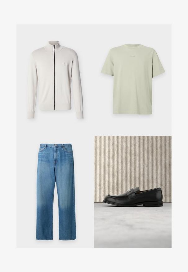 Pull blanc à fermeture éclaire complète avec poignets et ourlet côtelés, col montant, et une petite étiquette logo carrée sur la poitrine gauche.; T-shirt en coton vert clair avec un col rond, des manches courtes et un petit logo Calvin Klein imprimé en une teinte plus foncée sur la poitrine.; Jean large en denim bleu clair. Présente une taille mi-haute, un design à cinq poches et un effet délavé avec des coutures visibles.; Mocassin en cuir noir avec une plaque de marque en métal reposant près d'une table ronde marron sur un sol recouvert de moquette beige.