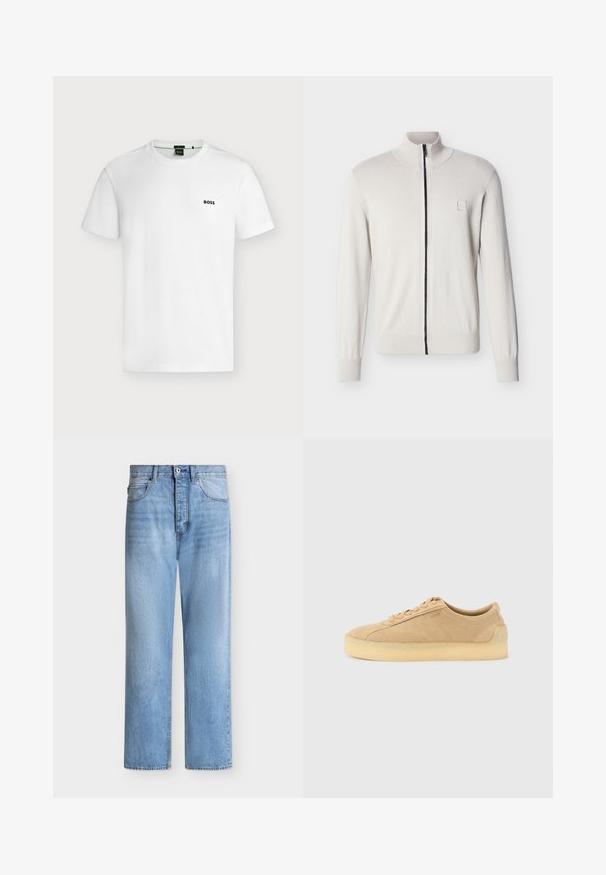 Weißer Pullover mit durchgehendem Reißverschluss, gerippten Bündchen und Saum, Stehkragen und einem kleinen, quadratischen Logo-Patch auf der linken Brust.; Schlichtes weißes T-Shirt mit kurzen Ärmeln und kleinem schwarzen "BOSS"-Logo auf der linken Brust, vor hellem Hintergrund gezeigt.; Hellblaue Jeans mit geradem Bein, Knopf- und Reißverschluss, vorne und hinten Taschen und Gürtelschlaufen am Bund.; Beiger Wildleder-Sneaker mit flacher Silhouette, dicker Kautschuksohle, Schnürverschluss und dezentem seitlichem Branding vor einem schlichten hellgrauen Hintergrund.