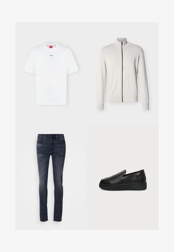 Weißer Pullover mit durchgehendem Reißverschluss, gerippten Bündchen und Saum, Stehkragen und einem kleinen, quadratischen Logo-Patch auf der linken Brust.; Weißes T-Shirt mit kurzen Ärmeln und kleinem schwarzem "HUGO" Logo mittig auf der Brust und einem roten Etikett innen im Kragen.; Dunkel gefärbte Jeans mit schmaler Passform, ausgestattet mit einem Knopfverschluss, fünf Taschen und dezenten Verwaschungen. Gerader Beinverlauf mit glatter Textur.; Schwarzer Lederschlupfschuh mit dicker Sohle und kleinen seitlichen Belüftungslöchern, mit goldenem "HUGO"-Logo nahe der Ferse.