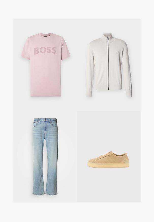 Pull blanc à fermeture éclaire complète avec poignets et ourlet côtelés, col montant, et une petite étiquette logo carrée sur la poitrine gauche.; T-shirt en coton rose clair avec col rond et manches courtes, arborant le mot "BOSS" en lettres majuscules d'un rose plus foncé sur la poitrine.; Jeans en denim bleu clair avec une coupe droite, dotés de cinq poches, d'une fermeture à bouton et d'une légère décoloration sur le tissu.; Baskets basses en daim beige avec semelle épaisse en gomme, fermeture à lacets à l'avant, et logo discret sur le côté, sur un fond uni gris clair.