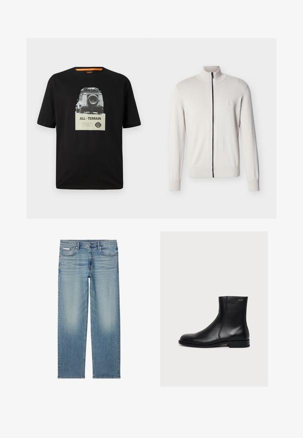 Hvid trøje med fuld lynlås, ribstrikkede manchetter og kant, en opretstående krave og et lille firkantet logo på venstre bryst.; Sort bomulds T-shirt med rund hals, der har et grafisk print af et klassisk køretøj og teksten "ALL - TERRAIN" på brystet.; Lyseblå straight-leg denim jeans med falmede detaljer, frontknap og lynlås samt fem-lomme design inklusive et lille Calvin Klein mærke på lommen.; Sort glat læderankelstøvle med lav hæl og sidelukning med lynlås, mærket Hugo nær den øverste kant.