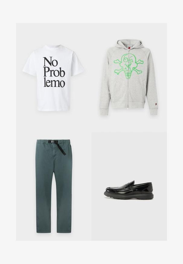Sweat à capuche gris zippé en tissu doux, avec un grand dessin graphique vert d'une tête de glace en forme de crâne et des os croisés. Comprend des poches latérales.; T-shirt en coton blanc avec du texte noir disant "No Problemo" dans différentes tailles de police. Design classique à col rond avec des manches courtes.; Pantalon droit vert foncé avec taille élastique et ceinture noire intégrée réglable avec fermeture à boucle.; Mocassin en cuir noir avec une finition brillante, bout arrondi, détails de couture subtils et semelle en caoutchouc épaisse pour la durabilité.