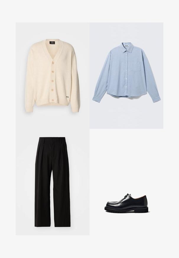 Cárdigan crema con cuello en V, cinco botones de madera en la parte delantera, puños y borde acanalados; textura suave y marca sutil en la parte inferior.; Camisa de manga larga azul clara con patrón de cuadros pequeños y bolsillo en el pecho, extendida sobre una superficie blanca.; Pantalones de pierna ancha negros con una textura suave, que cuentan con dos pliegues frontales, cierre de botón y bolsillos laterales. Tejido duradero.; Zapato de cuero negro con puntera redonda, diseño con cordones, detalles de costura y suela de goma texturizada. Superficie lisa con un acabado brillante.