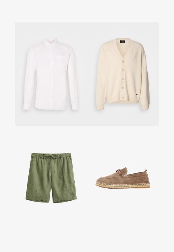 Cárdigan crema con cuello en V, cinco botones de madera en la parte delantera, puños y borde acanalados; textura suave y marca sutil en la parte inferior.; Camisa de lino blanca de manga larga con cuello abotonado, un solo bolsillo en el pecho y corte recto. Textura suave, diseño minimalista.; Pantalones cortos de hombre de mezcla de lino verde aceituna con cintura elástica, cordón ajustable, bolsillos laterales y cierre con botón.; Mocasín de gamuza marrón con suela de esparto trenzado y detalle decorativo de lazo en la parte superior, visto desde el lado exterior.