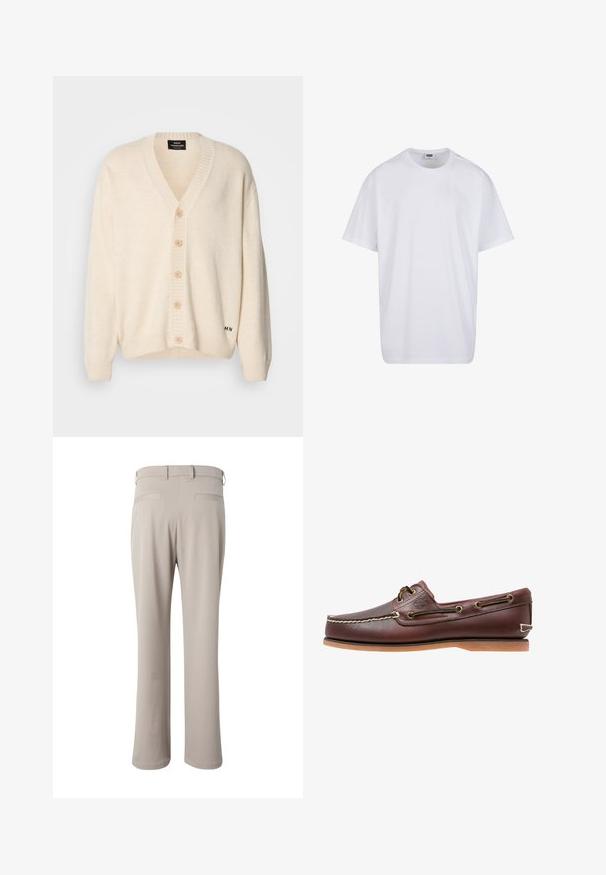 Cárdigan crema con cuello en V, cinco botones de madera en la parte delantera, puños y borde acanalados; textura suave y marca sutil en la parte inferior.; Camiseta blanca lisa de algodón, de manga corta, con cuello redondo y etiqueta visible de talla y marca dentro del cuello.; Pantalones beige de corte recto mostrados por detrás, con trabillas para cinturón y dos bolsillos de vivo en la cintura.; Zapato náutico de cuero marrón con costuras blancas, detalles de cordones y suela de goma color coñac, mostrado de lado sobre un fondo blanco.