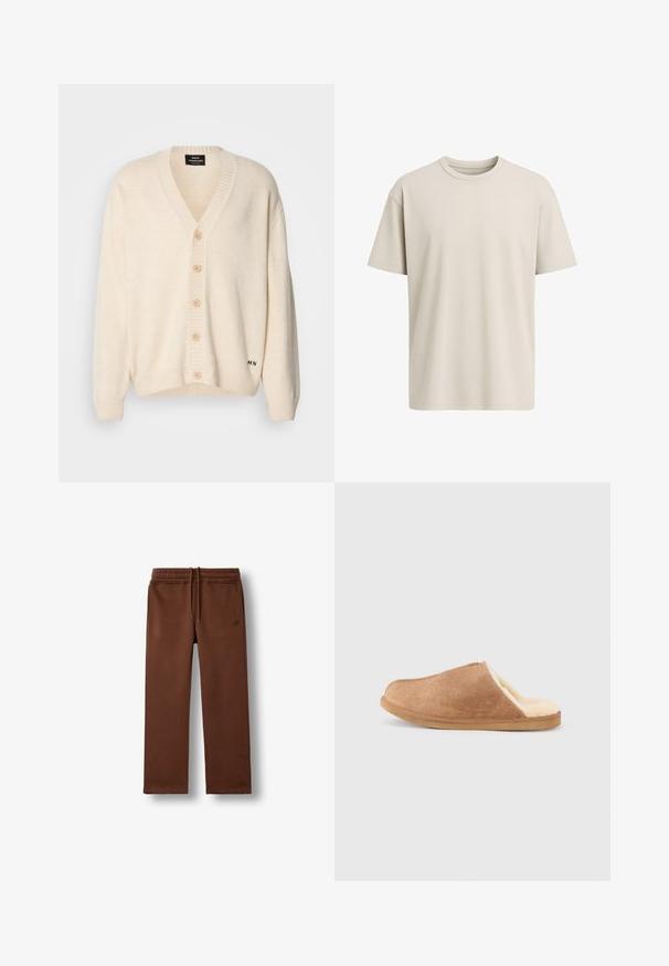 Crèmewitte cardigan met een V-hals, vijf houten knopen aan de voorkant, geribbelde manchetten en zoom; zachte textuur en subtiele merkopdruk aan de onderkant.; Effen lichtbeige T-shirt met korte mouwen en ronde hals in een relaxed fit, gepresenteerd op een witte achtergrond.; Bruine casual joggingbroek met een elastische tailleband en koord, met zijzakken en een klein geborduurd logo op de linkerheup.; Bruine suède instap pantoffel met crèmekleurige zachte fleece voering en rubberen zool, zijaanzicht tegen een witte achtergrond.