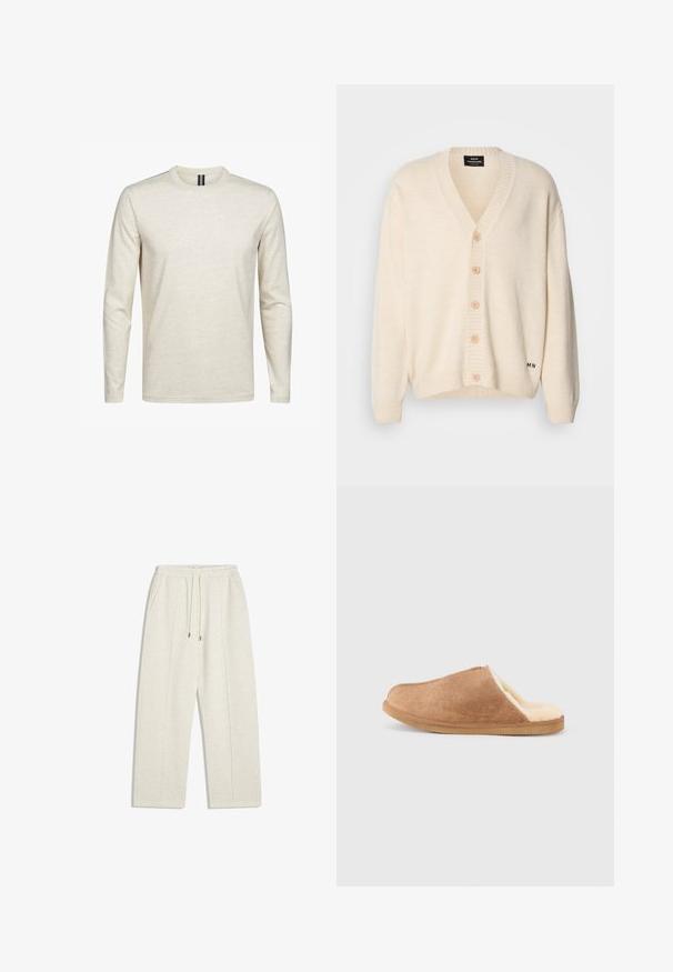 Crèmewitte cardigan met een V-hals, vijf houten knopen aan de voorkant, geribbelde manchetten en zoom; zachte textuur en subtiele merkopdruk aan de onderkant.; Lange mouw T-shirt in lichtbeige, gemaakt van zachte katoen. Heeft een ronde hals en een minimalistisch ontwerp zonder patronen of accenten.; Lichtbeige, wijde sweatpants gemaakt van zachte stof. Beschikt over een elastische tailleband met trekkoord en zijzakken voor functionaliteit.; Bruine suède instap pantoffel met crèmekleurige zachte fleece voering en rubberen zool, zijaanzicht tegen een witte achtergrond.