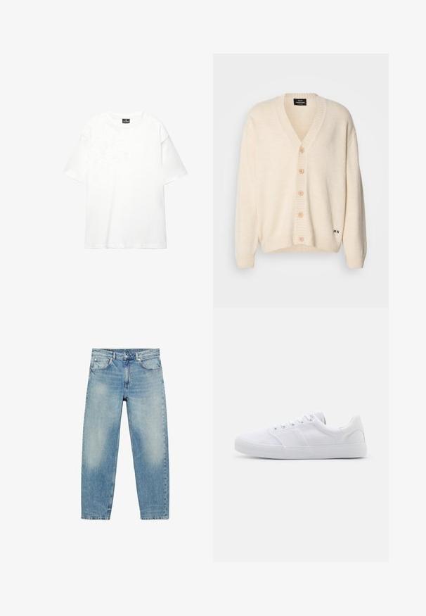 Cardigan crème avec col en V, cinq boutons en bois sur le devant, poignets et ourlet côtelés ; texture douce et marquage subtil en bas.; T-shirt blanc surdimensionné en coton doux et lisse ; présente des manches courtes, un col rond et un design simple et épuré.; Jean droit en denim bleu avec poches avant et passants de ceinture, présentant des détails légèrement décolorés sur les cuisses et les genoux.; Baskets en toile blanches avec une semelle en caoutchouc, dotées de six œillets, d'un embout texturé et d'un design minimaliste.