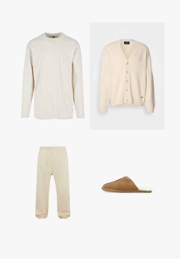 Cárdigan crema con cuello en V, cinco botones de madera en la parte delantera, puños y borde acanalados; textura suave y marca sutil en la parte inferior.; Camiseta de manga larga en color crema, confeccionada en suave algodón, con un escote redondo y aberturas laterales para mayor comodidad. Diseño minimalista, textura lisa.; Pantalones de chándal beige con cinturilla elástica, dobladillos ajustados y una textura suave. Diseño simple de pierna recta sin patrones ni adornos.; Zapatilla de estar por casa marrón de ante con forro suave de piel sintética blanca, punta redondeada y suela texturizada para mejor agarre. Diseño simple, sin adornos.