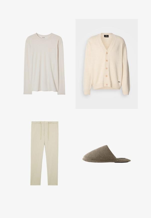 Crèmewitte cardigan met een V-hals, vijf houten knopen aan de voorkant, geribbelde manchetten en zoom; zachte textuur en subtiele merkopdruk aan de onderkant.; Beige lange mouwen T-shirt van zacht materiaal. Heeft een ronde halslijn en een rechte zoom, zonder zichtbare patronen of versieringen.; Beige taps toelopende joggingbroek met elastische tailleband en trekkoord, twee zijzakken, gemaakt van zachte stof.; Enkele bruine pantoffel met gesloten teen, zachte, gestructureerde stof en platte zool, zijaanzicht op witte achtergrond.