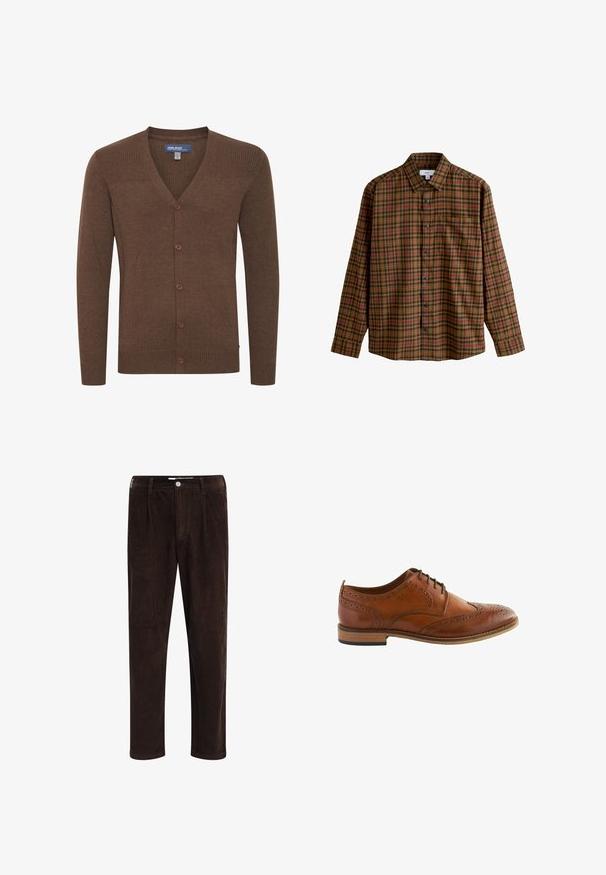 Cardigan marron en matériau doux, avec un col en V, un design côtelé aux épaules et cinq boutons sur le devant.; Chemise à carreaux marron et orange à boutons, manches longues, avec une poche poitrine et des boutons noirs. Coupe régulière, adaptée pour un style décontracté.; Redefined Rebel JOHN COMFORT FIT - Pantalon classique - demitasse; Chaussure Oxford brogue pour homme en cuir marron avec perforations en forme d'aile, lacets noirs, semelle en bois et talon bas.