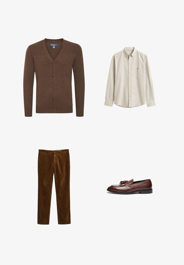 Brun cardigan lavet af blødt materiale, med V-hals, ribbet skuldre og fem knapper ned ad fronten.; Beige og hvid lodretstribet langærmet skjorte med krave og brystlomme, vist fladt uden person.; Brune corduroy bukser med et lige ben-design, der har en frontlukning med knap og to sidelommer. Tekstiler med ribbet mønster.; Brune læder loafers med en glat finish, dekorative kvaster, en rund tå og en lav sort gummisål.