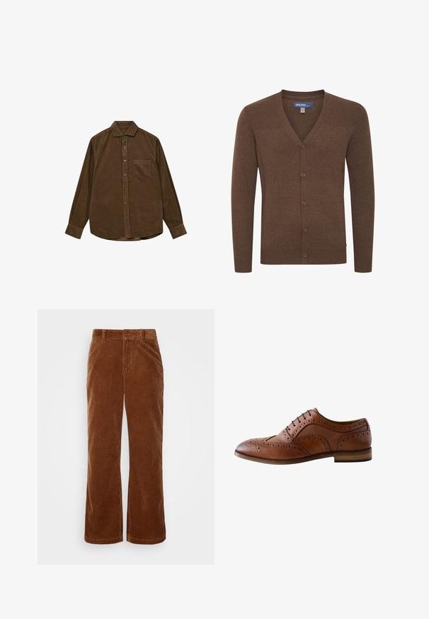 Brun cardigan lavet af blødt materiale, med V-hals, ribbet skuldre og fem knapper ned ad fronten.; Brun kordfløjls skjorte med lange ærmer, knap-ned krave, frontlomme og struktureret ribbet overflade. Har sølvfarvede knapper.; Brune fløjl bukser med et bredbenet design, der har vertikalt ribbet tekstur, en knaplukning og standard bælteløkker.; Herre brun læder brogue sko med wingtip-design, perforerede detaljer, sorte snørebånd og flad hæl på hvid baggrund.