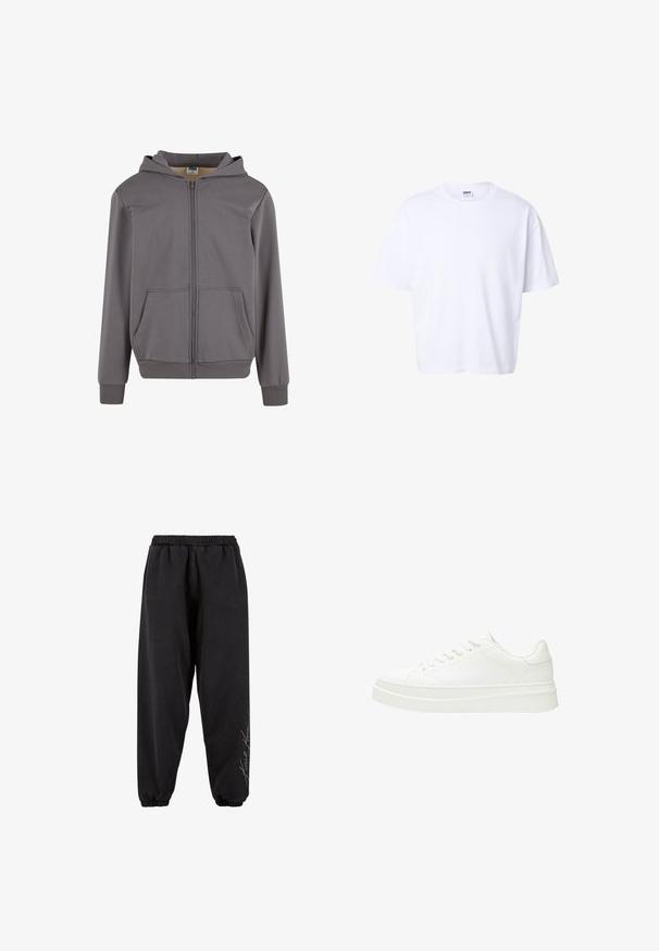 Grå zip-up hoodie med foret hætte, to frontlommer, ribbede manchetter og kant. Fremstillet af blødt, let stof med en glat tekstur.; Hvidt bomulds-T-shirt med korte ærmer, rund hals, løs pasform og Urban Classic-mærke inde i kraven.; Sorte sweatpants lavet af blødt stof med elastisk talje. Taperede ankler og trykt tekstdetalje på den ene side. Casual, afslappet pasform.; Hvid sneaker med en glat læderoverdel, flade snørebånd og en tyk gummisål. Minimalistisk design med diskret syning og glatte detaljer.