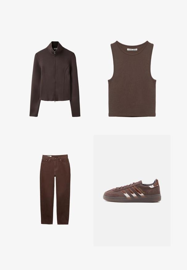 Veste marron à manches longues avec fermeture éclair intégrale à l'avant et col montant, ajustée avec des détails de couture à l'avant et à l'arrière.; Débardeur court sans manches marron foncé avec encolure ronde et coutures visibles autour des emmanchures et de l'ourlet.; Jean marron à jambe droite avec bouton frontal, fermeture éclair et design à cinq poches sur fond blanc.; Baskets Adidas en daim marron avec des bandes blanches et marron foncé, semelle basse et inscription dorée "Spezial" sur le côté.