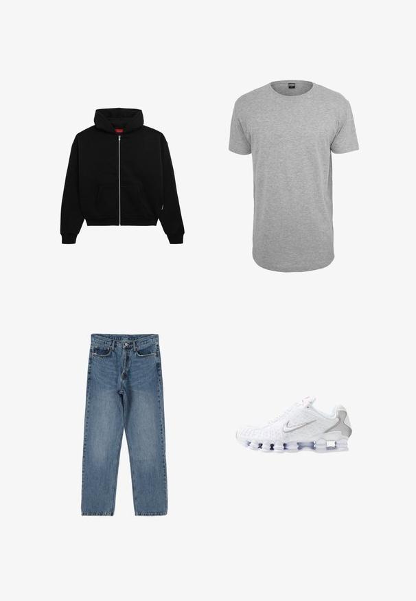 Haut à zip noir en tissu doux, avec une poche avant, des poignets côtelés et une capuche avec cordon de serrage. Pas de motifs ou d'accents visibles.; T-shirt en coton gris à col rond, à manches courtes, avec un ourlet droit et une texture douce ; logo minimal visible au niveau du col.; Jean en denim bleu clair à taille haute avec une coupe droite, comportant cinq poches, un bouton métallique et des détails de couture visibles.; Chaussures de sport blanches avec une tige texturée, un logo Swoosh argenté, des empiècements en mesh et une semelle blanche segmentée distinctive.