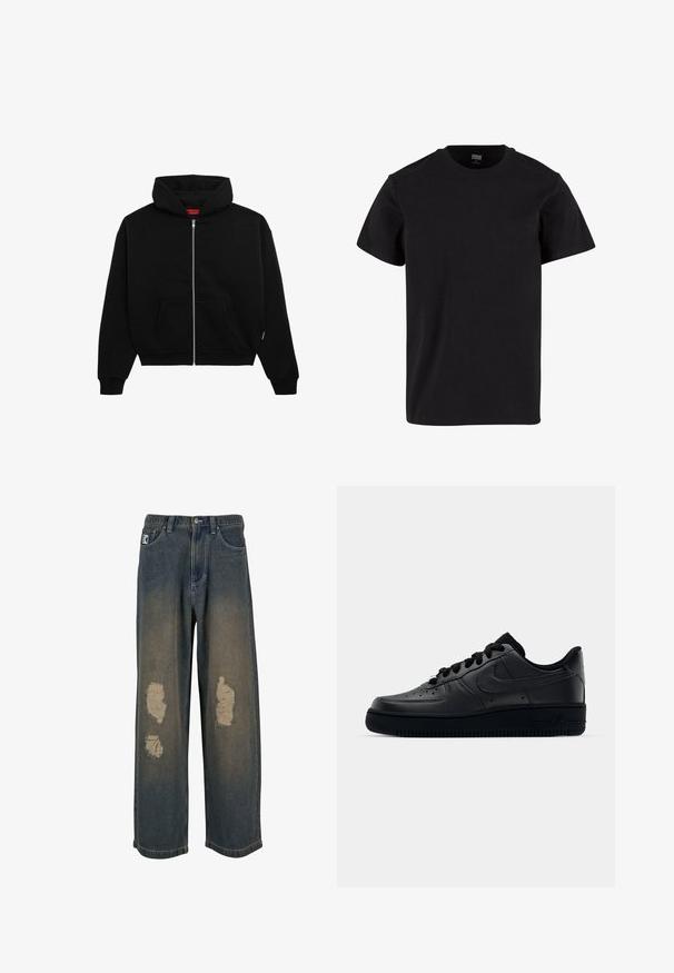 Zwarte zip-up hoodie van zachte stof, met een voorzak, geribbelde boorden en een capuchon met trekkoord. Geen zichtbare patronen of accenten.; Zwarte katoenen t-shirt met een klassiek ronde halsontwerp, korte mouwen en een soepele textuur. Eenvoudig en veelzijdig in stijl.; Verbleekte blauwe denim jeans met een wijde pijp, voorzien van versleten plekken en rafelige randen. Metalen knoop- en ritssluiting, met voorzakken.; Zwarte Nike Air Force 1 sneaker met een gladde leren bovenkant, geperforeerde neus voor ademend vermogen, zwarte veters en een getextureerde rubberen zool.