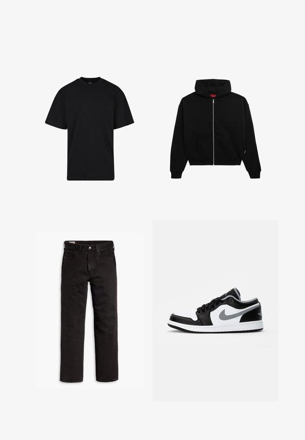 Sort zip-up hoodie lavet af blødt stof, med en frontlomme, ribbede manchetter og en hætte med snørre. Ingen synlige mønstre eller accenter.; Sort T-shirt med korte ærmer og rund hals, afslappet pasform, ensfarvet design uden synlige logoer eller mønstre.; Sorte lige bukser i denim med fem lommer, knaplukning og bæltestropper, lagt fladt ud på en hvid baggrund.; Jordan AIR JORDAN 1 - Sneakers - black/particle grey-white