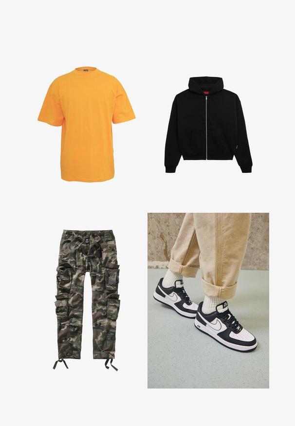 Sort zip-up hoodie lavet af blødt stof, med en frontlomme, ribbede manchetter og en hætte med snørre. Ingen synlige mønstre eller accenter.; Orange bomulds t-shirt med rund halsudskæring, korte ærmer og en afslappet pasform. Ingen mønstre eller detaljer. Glat tekstur.; Kamuflage cargo bukser i forskellige nuancer af grøn og brun. Har flere store lommer, snoretræk i taljen og en afslappet pasform.; Sorte og hvide Nike Air Force 1 sneakers med læderoverdel, perforeret tå og tekstureret såldetalje, båret med rullede beige bukser og hvide sokker.