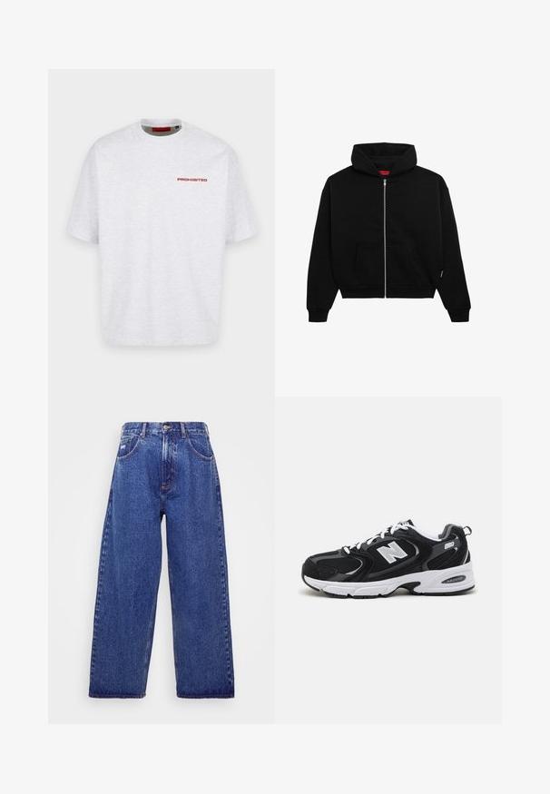 Haut à zip noir en tissu doux, avec une poche avant, des poignets côtelés et une capuche avec cordon de serrage. Pas de motifs ou d'accents visibles.; T-shirt blanc uni à col rond avec manches courtes et petit texte rouge « PROHIBITED » sur la partie supérieure gauche de la poitrine.; Jean en denim bleu à larges jambes et taille haute, avec cinq poches, une fermeture à bouton et un léger délavage pour une texture.; Baskets de sport noires et grises avec un tige en mesh et en suède, présentant une semelle intermédiaire blanche, des lacets et un logo "N" audacieux sur le côté.