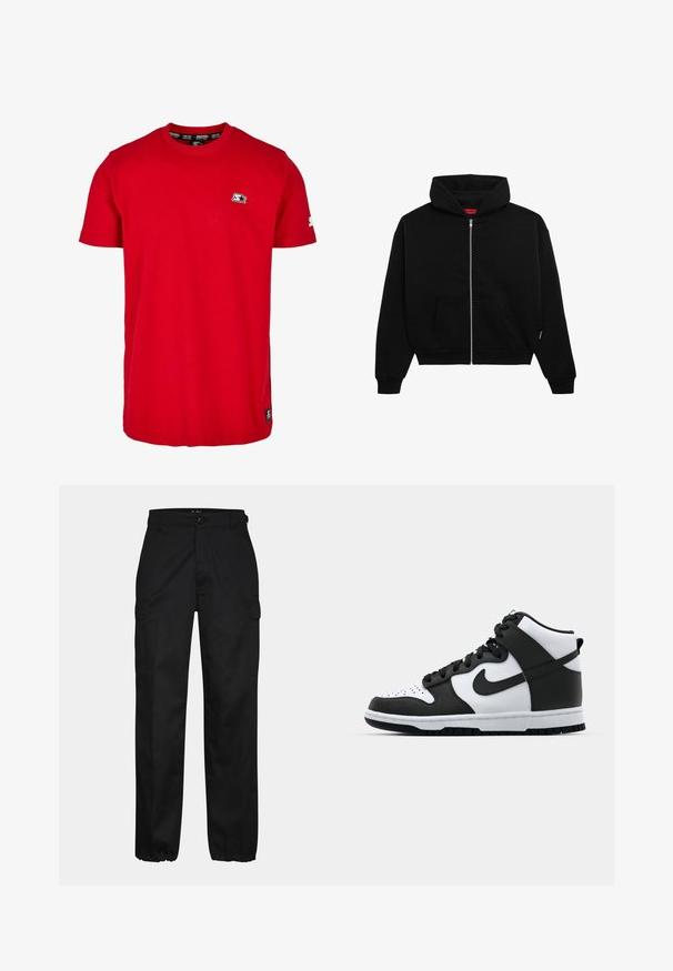 Schwarze Steppjacke mit Reißverschluss aus weichem Stoff, mit einer Vorderjacke, gerippten Bündchen und einer Kapuze mit Kordelzug. Keine sichtbaren Muster oder Akzente.; Rotes Baumwoll-T-Shirt mit Rundhalsausschnitt, kurzen Ärmeln und einem kleinen schwarzen Logo auf der linken Brust und dem Ärmel. Glatte, einfarbige Stoffqualität.; Schwarze Cargo-Hosen mit geradem Schnitt, ausgestattet mit Seitentaschen, einem Knopfverschluss und elastischen Bündchen an den Knöcheln. Hergestellt aus strapazierfähigem Material.; Schwarz-weißer High-Top-Sneaker mit Lederobermaterial, perforiertem Zehenbereich, auffälligem Swoosh-Logo und strukturiertem Gummisohle.