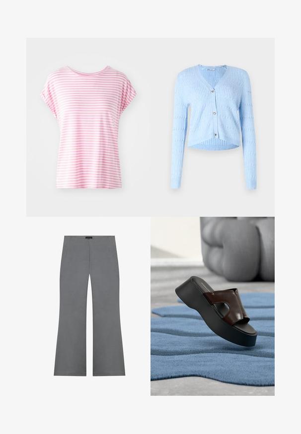 Lyseblå cardigan, ribbet tekstur, V-hals design, lange ærmer, hjerteformede knaplukninger, cropped fald. Blødt strikket stof.; Lyserød stribet kortærmet t-shirt med rund halsudskæring. Blødt stof, afslappet pasform med jævne horisontale striber i varierende bredder.; Grå breddebukser med en glat tekstur, der har høj talje og et rent design. Ingen synlige mønstre eller hardware-detaljer.; Sort platformsandale med mørkebrun læderoverdel og udskæringsdetalje på blå tekstureret tæppe og skulpturel stol i baggrunden.