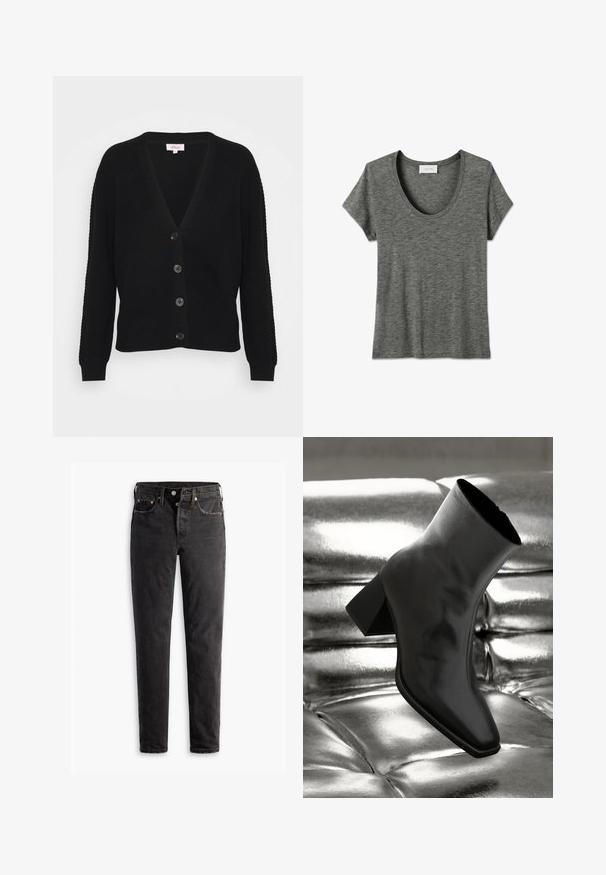 Schwarze Strickjacke mit tiefem V-Ausschnitt, geripptem Textur und langen Ärmeln. Sie verfügt über fünf Knöpfe vorne und hat eine lässige Passform.; Dunkelgraues T-Shirt mit kurzen Ärmeln und Rundhalsausschnitt, flach auf einem weißen Hintergrund ausgelegt.; Schwarze Jeans aus Denim mit geradem Bein, fünf Taschen, kupferfarbenen Beschlägen und einer leicht ausgebleichten Textur.; Schwarzer Knöchelstiefel aus glänzendem Material mit quadratischer Zehenform und verjüngtem Absatz, vor einem glänzenden silbernen gepolsterten Hintergrund.