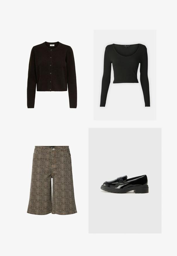 Cardigan marron foncé avec un col rond, fermeture à boutons sur le devant, détails côtelés le long de la patte de boutonnage, et manches longues. Texture douce.; Crop top noir à manches longues en tissu côtelé avec un décolleté en V profond. Possède des manches ajustées et une texture lisse.; Short en denim imprimé léopard marron et noir avec fermeture à boutons sur le devant et passants de ceinture, longueur genou.; Mocassins en cuir verni noir avec une semelle en caoutchouc noir épaisse, présentant un empeigne cousue et une surface lisse et brillante.