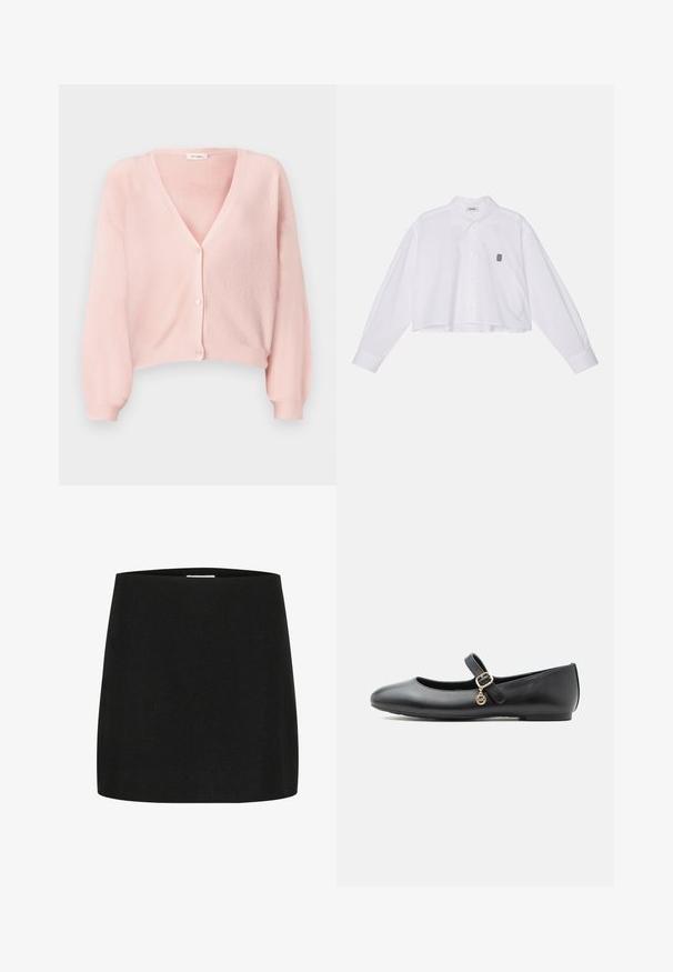 Lyserød ribstrikket cardigan med v-hals, lange ærmer og fem knapper foran; blød tekstur og kort design.; Hvid kortærmet button-up skjorte med lange ærmer, der har en klassisk krave og et lille sort broderet logo på venstre bryst.; Sort mini-skjorte lavet af tekstureret stof, med en simpel, lige skæring uden synlige udsmykninger eller mønstre.; Sort Mary Jane-lædersko med flad sål, lille guldbælte og rund vedhæng på hvid baggrund.