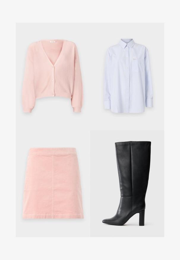 Helles pinkfarbene, gerippte Strickjacke mit V-Ausschnitt, langen Ärmeln und fünf Knöpfen auf der Vorderseite; weiche Textur und verkürztes Design.; Himmelblau und weiß gestreifte Hemdbluse, mit klassischem Kragen, langen Ärmeln, einer Brusttasche und einem kleinen Logo-Etikett.; Rosa Cord-Ripp-Minirock mit taillierter Passform und vertikaler Rippstruktur. Der Saum ist gerade und er hat ein schlichtes Design ohne Verzierungen.; Schwarze Lederkniefallstiefel mit spitzer Zehe und Blockabsatz. Glatte Textur mit feinen Nähdetails.