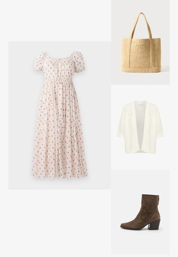 Kaffe KAFFE KASILJA CARDIGAN - Neuletakki - chalk; Kukkamekko, joka on valmistettu kevyestä kankaasta ja jossa on neliömäinen pääntie, lyhyet puffihihat, joustava vyötärö ja beige tausta, jossa on punaisia kukkia.; Ruskean mokkanahka nilkkurit terävällä kärjellä, sivuvetoketjulla ja täyteläisellä korolla. Ominaisuuksiin kuuluu sileä pinta ja minimissään ompeluyksityiskohdat.; Beigen värinen punottu olkikassi, jossa on kaksi olkahihnaa ja hienovarainen kursiivikirjailu edessä, yksivärisen taustan edessä.