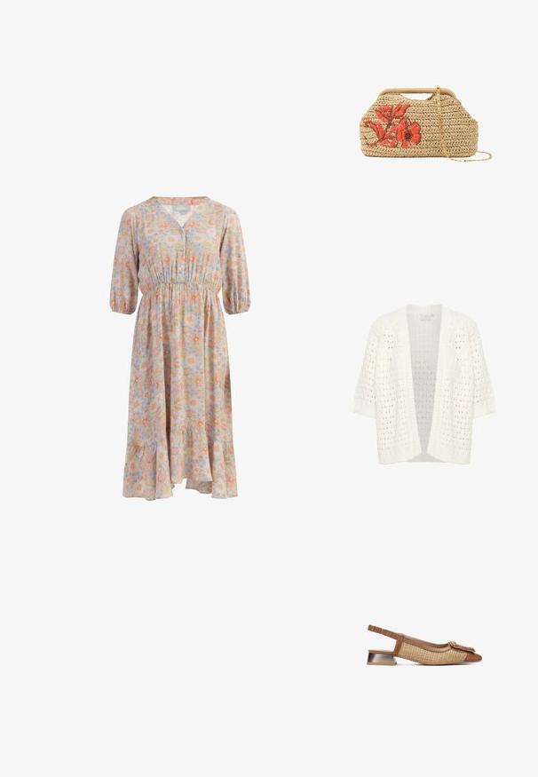 Kaffe KAFFE KASILJA CARDIGAN - Strickjacke - chalk; Midikleid mit elastischem Bund, dreiviertel Ärmeln und floralem Muster in sanften Pastellfarben auf hellblauem Hintergrund.; Braune Slingback-Schuh mit gewebter Textur und glattem Leder. Verfügt über einen flachen metallischen Absatz und ein dekoratives, verdrehtes Detail an der Spitze.; Gewebte beige Handtasche mit kurzem Griff, rosa Blumenstickerei vorne und abnehmbarem dünnem goldenen Kettenriemen.