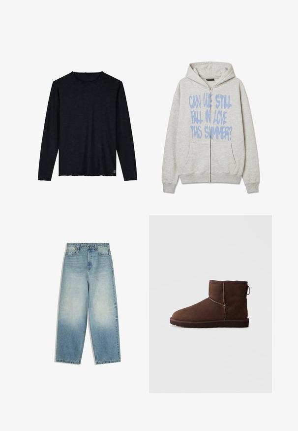 Lichtgrijze hoodie met ritssluiting, voorzakken en blauwe tekst met de tekst: "Kunnen we deze zomer nog steeds verliefd worden?" aan de voorkant.; Zwart longsleeve shirt gemaakt van zacht stoffen met een ronde hals, voorzien van een rauwe zoom en een subtiele logo-accent aan de onderzijde.; Lichtblauwe denim jeans met wijde pijpen, voorzakken, knoopsluiting en vervaagde wassing op dijen en knieën.; Bruine suède enkelboot met zichtbare stiksels, platte zool en zachte voering, gezien vanaf de buitenkant tegen een effen achtergrond.