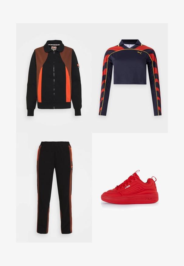 Fila EVONNE TRACK SUIT - Φούτερ με φερμουάρ - black beauty/potting soil; Ναυτικό κοντομάνικο πουκάμισο με μακριά μανίκια και καλλιτεχνικές κόκκινες και κίτρινες λεπτομέρειες στα μανίκια. Ομαλός, ελαφρύς ύφασμα με κλασικό γιακά.; Μαύρο παντελόνι με πορτοκαλί και καφέ λωρίδες στο πλάι. Διαθέτει ελαστική μέση και δύο πλαϊνές τσέπες. Κατασκευασμένο από μαλακό, ελαφρύ ύφασμα.; Κόκκινα μποτάκια με κομψό σχέδιο, κατασκευασμένα από συνθετικό υλικό. Διαθέτουν στρογγυλή μύτη, χοντρή σόλα, υφασμάτινα στοιχεία, και έντονο λογότυπο μάρκας.