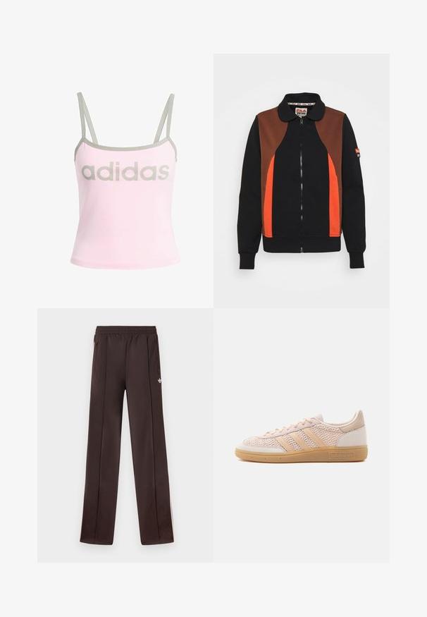 Fila EVONNE TRACK SUIT - Sweatjacke - black beauty/potting soil; Helles rosa Tanktop mit grauen Akzenten und verstellbaren Spaghetti-Trägern, mit einem großen, mittig platzierten grauen "adidas"-Logo. Aus Baumwollmaterial.; Dunkelbraune Adidas-Trainingshose mit elastischem Bund, seitlichen Reißverschlusstaschen und kleinem weißem Trefoil-Logo am rechten Oberschenkel.; Beiger Adidas Low-Top-Sneaker mit gewebtem Obermaterial, Gummisohle in Kautschukoptik und drei charakteristischen Streifen an der Seite.