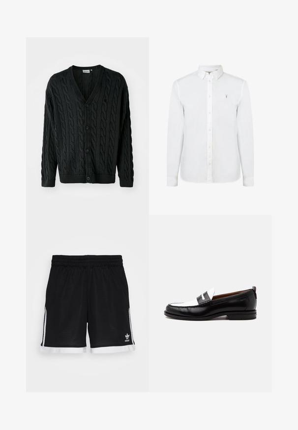 Sort kabelstrikket cardigan med V-hals, knapfront, lange ærmer og ribbede manchetter og kant. Har et tekstureret mønster over det hele.; Hvid skjorte med knapper, klassisk krave, lange ærmer og et lille broderet logo på venstre bryst. Glat bomuldsstof.; Sorte net sports-shorts med elastisk talje, hvide sidelister og hvid kant. Har et adidas-logo i nederste højre hjørne.; Sort-hvid læderloafer med syning, lav hæl og slip-on design, vist fra siden på en ensfarvet baggrund.