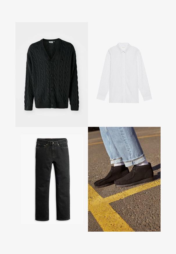 Schwarze Kabelstrick-Cardigan mit V-Ausschnitt, Knopfleiste, langen Ärmeln und gerippten Bündchen sowie Saum. Mit strukturiertem Muster über das gesamte Kleidungsstück.; Weißes Hemd mit dünnen schwarzen vertikalen Streifen, mit klassischem Kragen und langen Ärmeln mit geknöpften Manschetten.; Schwarze Jeans im geraden Schnitt mit fünf Taschen, Gürtelschlaufen und einem Knopfverschluss an der Taille, flach auf einem weißen Hintergrund ausgelegt.; Schwarze Wildleder-Ankle-Boots mit glatter Textur, abgerundetem Zeh und genähten Details. Kombiniert mit hellblauen, hochgekrempelten Jeans und weißen Socken.