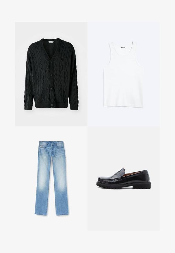 Schwarze Kabelstrick-Cardigan mit V-Ausschnitt, Knopfleiste, langen Ärmeln und gerippten Bündchen sowie Saum. Mit strukturiertem Muster über das gesamte Kleidungsstück.; Weißes ärmelloses Tanktop mit rundem Ausschnitt und Weekday-Markenetikett auf der Innenseite des hinteren Kragens, flach auf hellem Hintergrund dargestellt.; Helle blaue Straight-Leg-Jeans aus Denim mit faded Finish, Fünf-Taschen-Design und sichtbaren Nähdetails entlang der Nähte.; Schwarze Leder-Penny-Loafer mit strapazierfähiger Gummisohle und Mokassin-Stich, seitlich auf einem weißen Hintergrund dargestellt.