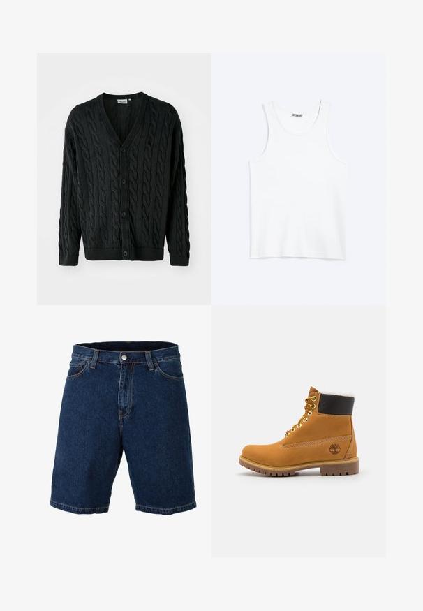 Sort kabelstrikket cardigan med V-hals, knapfront, lange ærmer og ribbede manchetter og kant. Har et tekstureret mønster over det hele.; Hvid ærmeløs tanktop med rund halsudskæring og Weekday-mærke på den indvendige baghals, vist fladt på lys baggrund.; Mørkeblå denimshorts med lige snit, almindelig talje og metalknaplukning; har kontrasterende gul syning og kant.; Brune læder ankelstøvle med metaløjer, hvid pelsforing, sort polstret krave, robust sål og præget logo på siden.