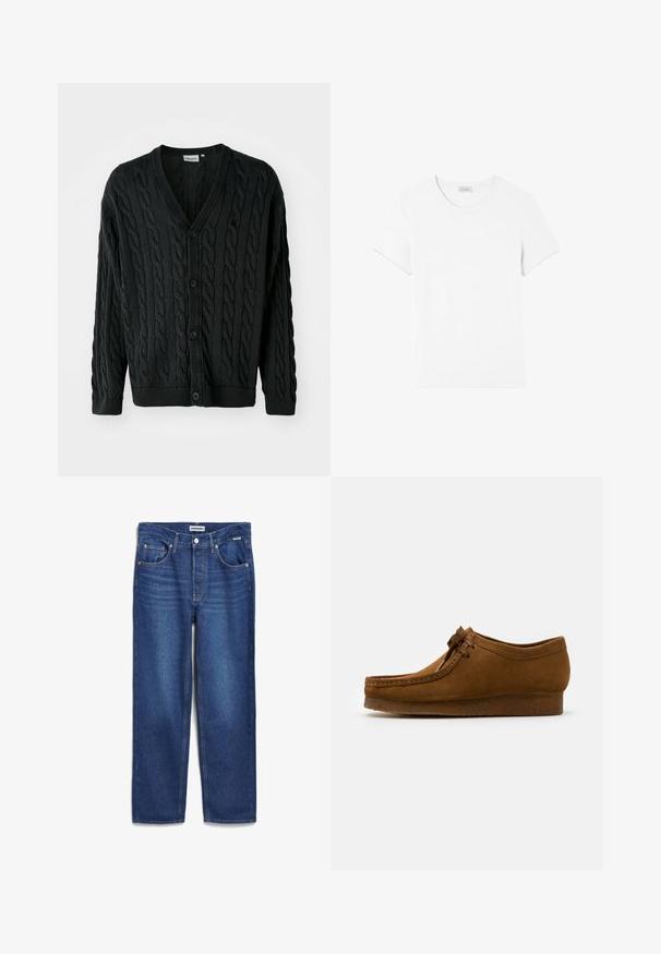 Zwarte kabelgebreide cardigan met een V-hals, knoopsluiting aan de voorkant, lange mouwen en geribbelde manchetten en zoom. Heeft een textuurpatroon over het geheel.; American Vintage GAMIPY - T-shirt basic - blanc; Denim jeans in diepblauwe kleur, recht gesneden ontwerp met een gemiddelde tailleband, vijf zakken en subtiele vervaging aan de voorkant.; Bruine suède schoen met een ronde neus en een lage hak, gedetailleerde stiksels langs de naden en een vetersluiting aan de voorkant. Zachte textuur met een gestroomlijnd ontwerp.