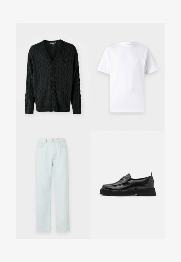 Sort kabelstrikket cardigan med V-hals, knapfront, lange ærmer og ribbede manchetter og kant. Har et tekstureret mønster over det hele.; Hvid kortærmet t-shirt lavet af bomuld med rund hals, der har en glat tekstur og et simpelt design uden mønstre eller accenter.; Lyseblå lige bukser lavet af denim, med knaplukning, diskret slid, og fem-lomme design.; Sorte læder loafersko i stil med flad, tekstureret sål, med en syet tå og en rem over vristen.