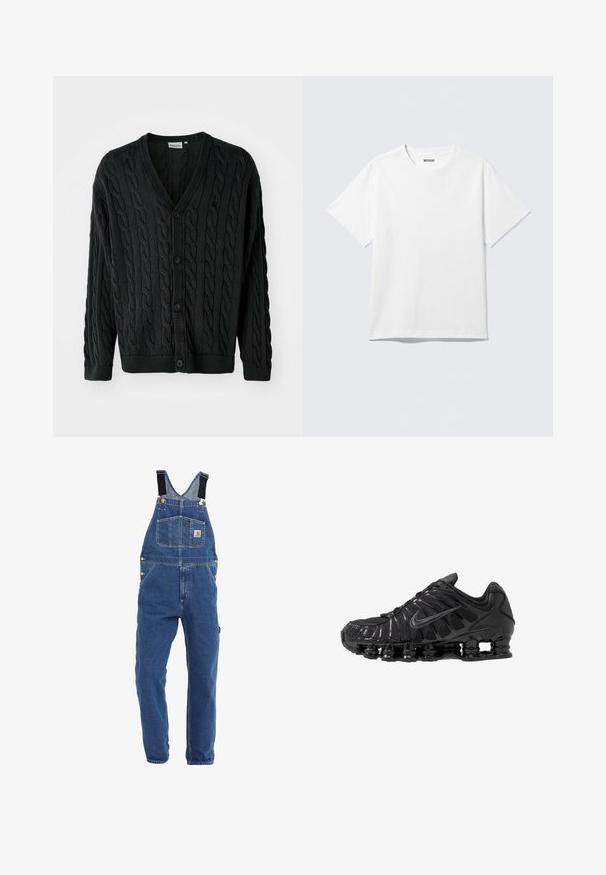 Sort kabelstrikket cardigan med V-hals, knapfront, lange ærmer og ribbede manchetter og kant. Har et tekstureret mønster over det hele.; Hvid kortærmet crewneck T-shirt lagt fladt ud, ensfarvet design, med "WEEKDAY" mærkat inde i kraven på en lys baggrund.; Denim overalls i en mellemblå tone, med justerbare sorte stropper, flere lommer og metalhardware detaljer.; Sorte atletikskoser lavet af mesh og syntetiske materialer, med et karakteristisk bølget design, sort gummisål og reflekterende detaljer.