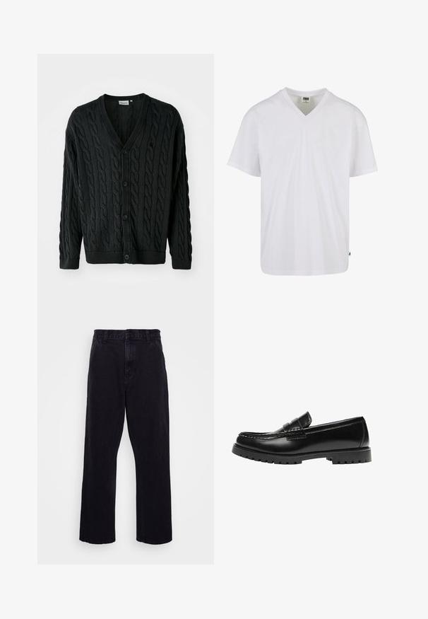 Zwarte kabelgebreide cardigan met een V-hals, knoopsluiting aan de voorkant, lange mouwen en geribbelde manchetten en zoom. Heeft een textuurpatroon over het geheel.; Urban Classics T-shirt basic - white; Zwarte denim broek met een rechte pijpdesign, voorzien van een knoop- en ritssluiting, riemlussen en minimale stikdetails.; Zwarte leren loafer met een dikke rubberen zool en klassieke penny-strap details, gezien vanaf de buitenkant.
