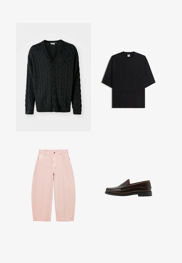Cardigan en tricot noir à mailles torsadées avec un col en V, une fermeture à boutons, des manches longues et des bords côtelés au niveau des poignets et de l'ourlet. Présente un motif texturé sur l'ensemble.; T-shirt noir surdimensionné à col rond avec manches courtes, vue à plat sur fond blanc, étiquette Bershka visible à l'intérieur du col.; Pantalon court taille haute à jambes larges en denim rose clair avec détails de couture à l'avant et style cinq poches.; Mocassin penny en cuir marron foncé avec bout moc cousu, talon bas et finition lisse, présenté de profil sur fond blanc.