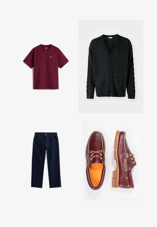 Cardigan de punto trenzado negro con escote en V, botones al frente, mangas largas y puños y dobladillo acanalados. Presenta un patrón texturizado en toda la prenda.; Camiseta de algodón marrón con mangas cortas, escote redondo y pequeño logo blanco de Vans en el pecho izquierdo. Textura suave, corte holgado.; Pantalones vaqueros de mezclilla de color azul oscuro con corte recto, que cuentan con cinco bolsillos y costuras en blanco que contrastan a lo largo de las costuras y los bolsillos.; Zapatos de cuero burdeos con suelas de goma marrón, puntera redonda, costuras blancas y ojales dorados. El interior cuenta con un forro amarillo.